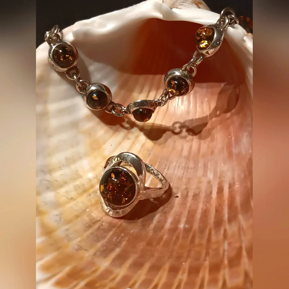 Set Baltic Amber Bracelet Ring Sterling Silver - Picture 14 of 15